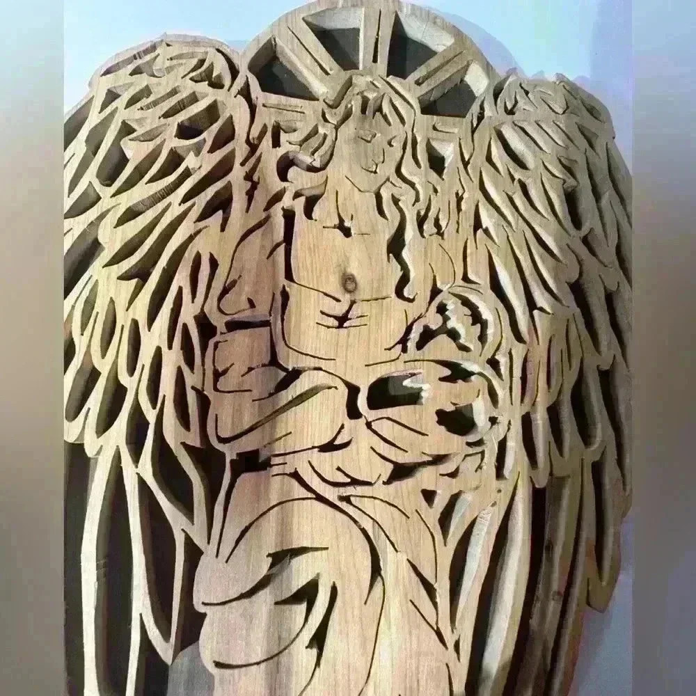 Handmade Wooden Angel Holding Baby Wall Plaque- 10” - Picture 3 of 4